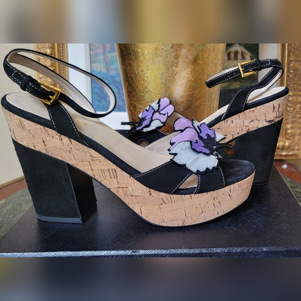 PRADA ANKLE STRAP BLACK PURPLE SUEDE WEDGE HEEL CORK PLATFORM SANDALS 39.5 US 9